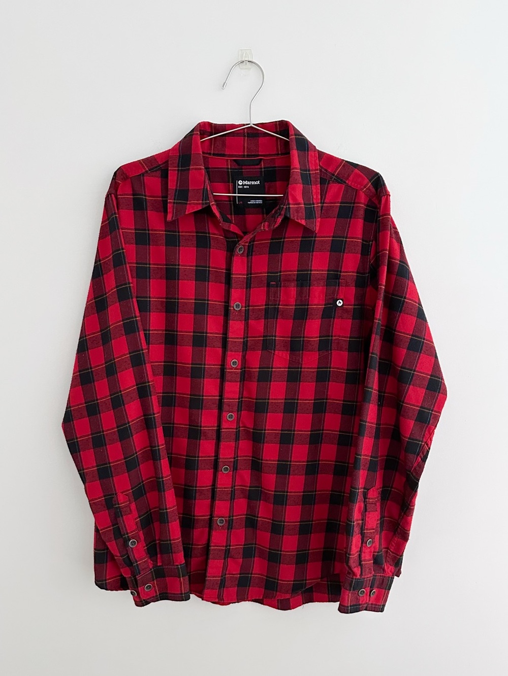 Marmot Men's Large Red Black Plaid Flannel Shirt Button Up Outdoor Gorpcore